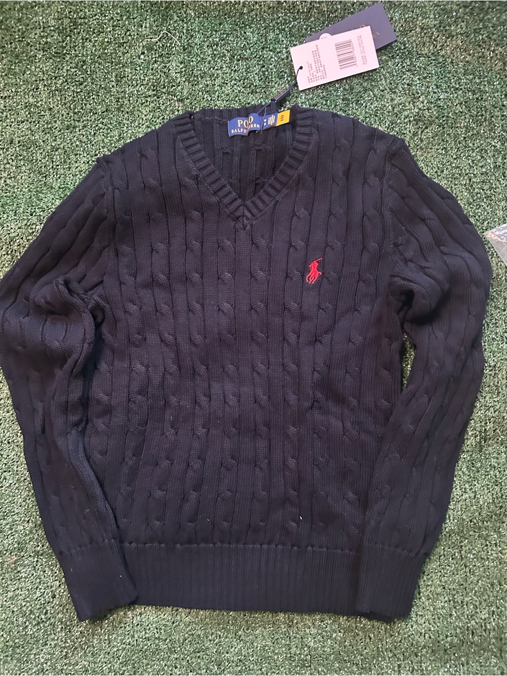 Polo by Ralph Lauren Men's Navy Cable Knit V-Neck Sweater (RUNS SMALL)